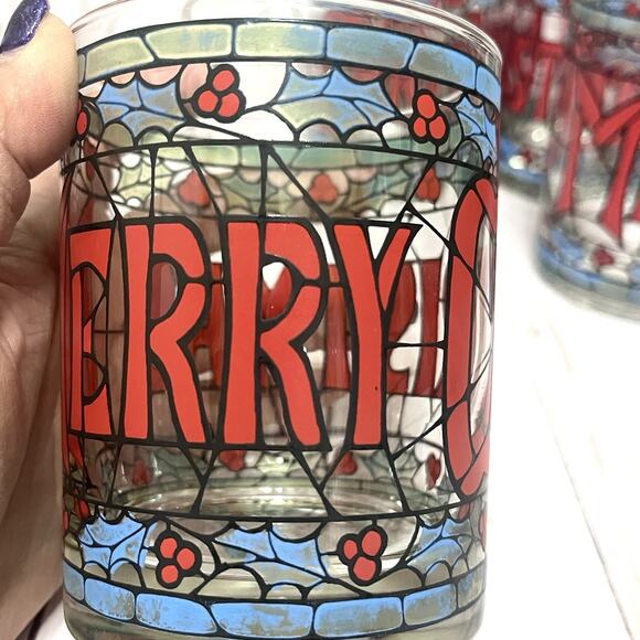 Set of 4 Vintage Cera Merry Christmas Double Old Fashioned Tiffany Stained Glass - Picture 3 of 10